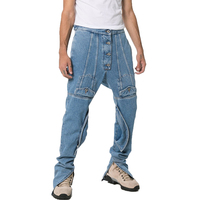 Pantalon en jean déstructuré pour homme, style cargo, avec poches utilitaires, braguette boutonnée apparente, fermeture éclair fendue, coupe évasée, en denim bleu clair, OEM ODM