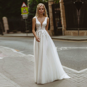 Wedding Dress A-Line Chiffon V-Neck Empire Waist Backless White Bridal Gown - Product Image 1