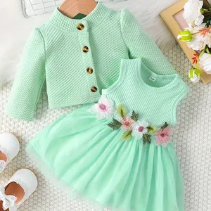 Mode 2 pièces ensemble de vêtements nouveau bébé filles sans manches fleur broderie tulle robe + solide tricot cardigan manteau tenues