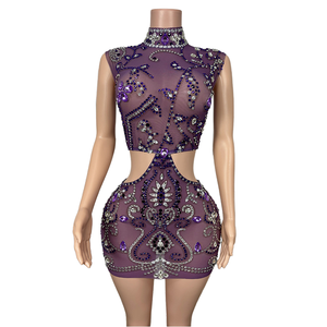 Mujer Sexy hasta la rodilla A-Line fiesta de noche diamantes de imitación espalda descubierta cintura hueca malla elástica apliques flor pluma perla - Product Image 1