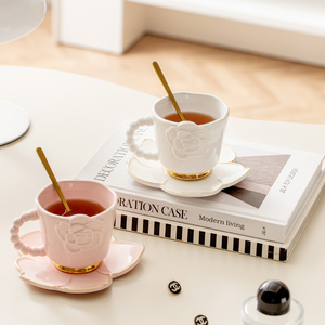 Camellia Porcelain High-End Exquisite Relief Coffee Cup Plate Set <b>Sustainable</b> Dishwasher Microwave Safe <b>Gift</b> Box for Home Office - Product Image 4