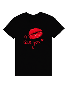 T-shirt Oversize da Donna con Stampa Labbra Rosse 'Love You', Nera, Collo Tondo, Manica Corta, Vestibilità Ampia, per Tutte le Stagioni, Casual, 100% Cotone - Product Image 1