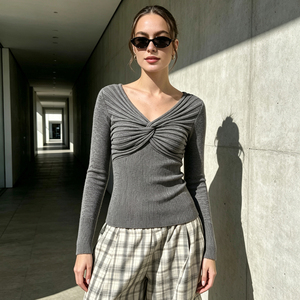 Twist Knot V Neck Cable Knit Pullover <b>Tight</b> Fit Layering Lightweight Autumn Unique Design Flattering <b>Sweater</b> - Product Image 4