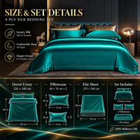 Parure de lit 4 pièces en soie de mûrier 100 % naturelle, vert paon, housse de couette, drap plat, taies d'oreiller, personnalisable OEM ODM pour maisons et hôtels
