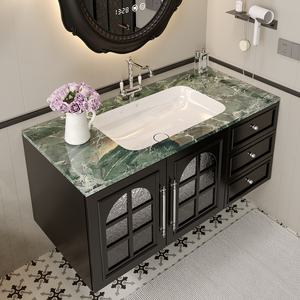 Conjunto de Muebles de Baño de Pared de Alta Gama en Madera de Caucho de Estilo <span class=keywords><strong>Retro</strong></span> Francés con <span class=keywords><strong>Lavabo</strong></span> de Piedra Sinterizada y Mueble Colgante - Product Image 4