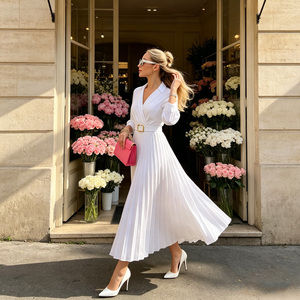 White Pleated Midi <b>Dress</b> Turn-down Collar Three Quarter <b>Sleeve</b> A-Line Woven Casual <b>Summer</b> <b>Dress</b> - Product Image 6