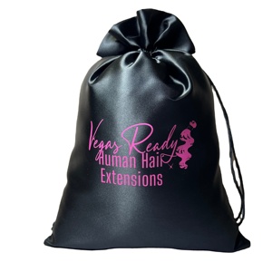 Sacs de rangement pour extensions de cheveux et perruques, personnalisables avec logo, recyclables, en satin noir avec cordon de serrage, pour l'emballage de mèches de cheveux - Product Image 1