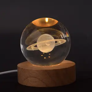 Personalised 3D Carved Inside Crystal Star Saturn Warm White Table Lamp Wood Base Children Gift Kids Room Decor LED Night Light