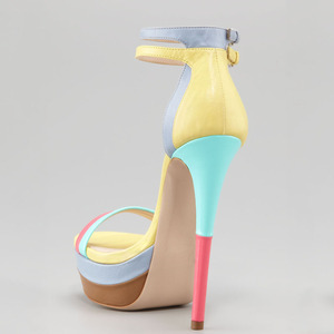 Zapatos de tacón alto de plataforma de talla grande 46 para mujer, sandalias de punta abierta con doble correa y hebillas, estilo patchwork para bailarinas. - Product Image 3