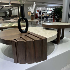 Ensemble de <span class=keywords><strong>table</strong></span> <span class=keywords><strong>basse</strong></span> et <span class=keywords><strong>table</strong></span> d'appoint ronde de style Wabi-Sabi : <span class=keywords><strong>Travertin</strong></span> + couleur noyer, combinaison créative du milieu du siècle pour les salons de villa - Product Image 6