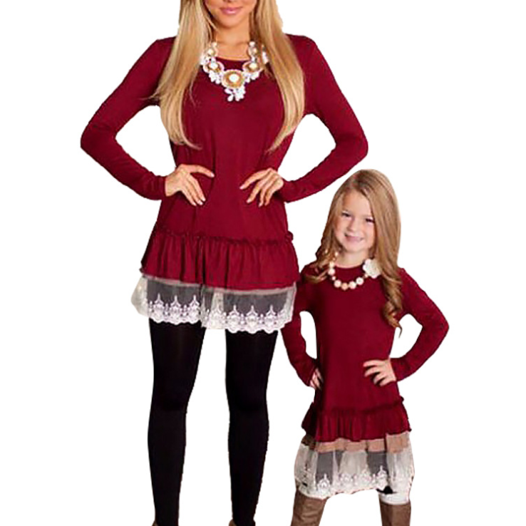 Новое поступление 2020, осенне-зимнее платье с длинным рукавом для женщин, красное, для взрослых, повседневное, для маленьких девочек, детское, хлопковое, для семьи