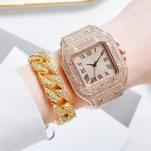 Factory hot sell hip hop iced out bling rhinestone watch and cuban chain bracelet jewelry sets