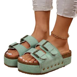 Nuevas sandalias de verano para mujer, talla grande, suela gruesa de una palabra, Color sólido, doble botonadura, Fondo de melocotón, zapatillas remachadas - Product Image 4
