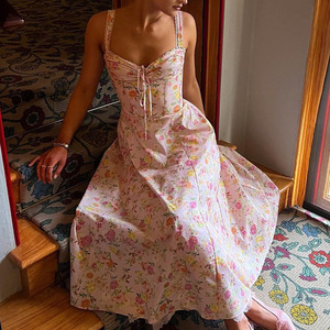 Alta calidad vacaciones playa Floral estampado Halter una línea Bustier elegante Halter cintura ajustada <span class=keywords><strong>vestido</strong></span> Floral <span class=keywords><strong>vestido</strong></span> <span class=keywords><strong>Midi</strong></span> de mujer - Product Image 5