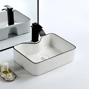 最新现代白色黑线脸盆台面上方陶瓷桌面浴室水槽