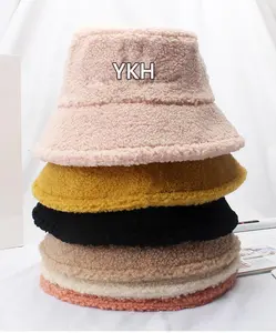 Mùa Đông Thêu Cừu Cừu Ngư Dân Mũ Xô Màu Rắn Lưu Vực Hat Phụ Nữ Tùy Chỉnh Lông Fluffy Faux Fur Bucket Hat