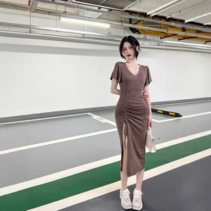 Sexy Deep V Neck Dress Milk Coffee Color Solid Polyester Party Slim Fit Casual Dress For Women With Slit And Tight Waist Design - Product Image 2