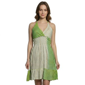 Robe courte élégante en rayonne vert menthe, coupe trapèze, respirante, style bohème, pour l'été, inspirée des tenues indiennes. - Product Image 1