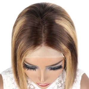 <span class=keywords><strong>Cabello</strong></span> Humano Remy 100% Virgen Modelo P4/27 #   Pelucas <span class=keywords><strong>de</strong></span> encaje frontal estilo bob recto, color piano dorado, 12 pulgadas, encaje HD transparente 13x4 - Product Image 4