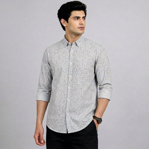 เสื้อเชิ้ตแขนยาวพิมพ์ลายสำหรับผู้ชาย ปกคอปก ติดกระดุม น้ำหนัก 140 กรัม ลายจุด สไตล์ลำลอง ธุรกิจ ผ้าทอ 100% ผ้าฝ้าย ODM ฤดูใบไม้ผลิ - Product Image 1