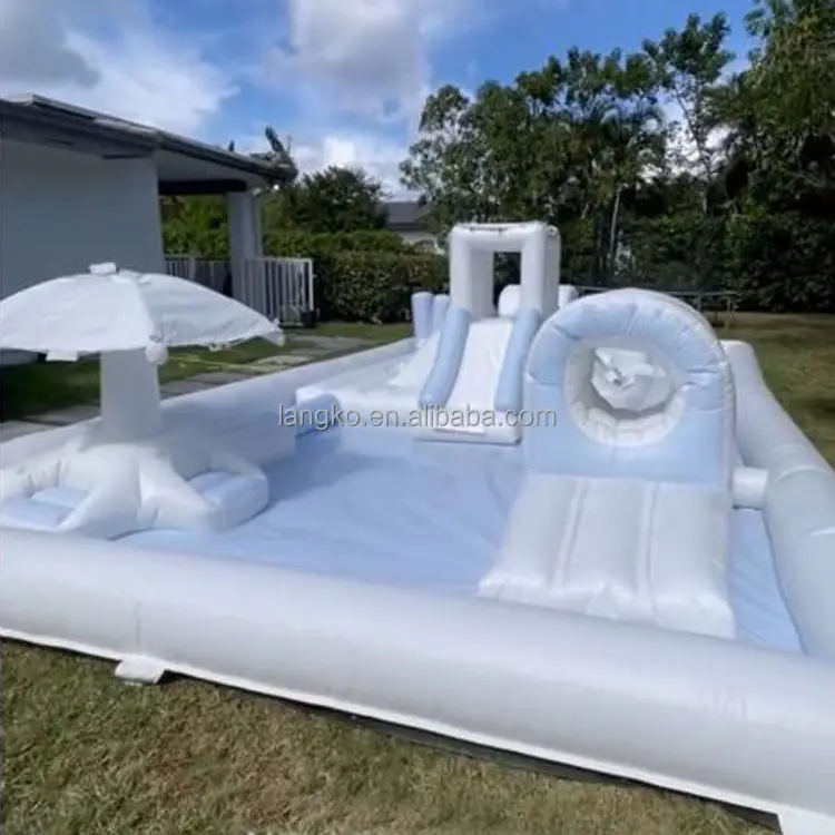 outdoor play18oz pvc white inflatable obstacle course bounce house with slide water pool for kids