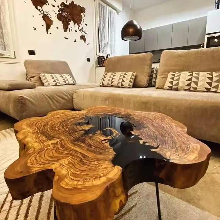 Free Sample Wooden Home Furniture Walnut Wood Round Blue Epoxy Ocean