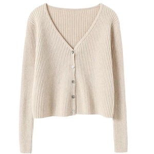 Cárdigan de Cachemira para Mujer, Cuello en V, Tejido Acanalado, Corte Ajustado, Estilo Corto, Color Beige Claro Sólido - Product Image 1