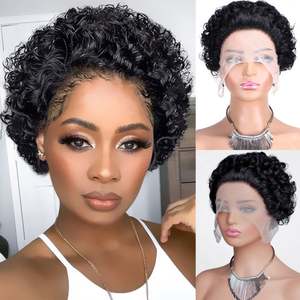 Peluca de Encaje Frontal Amygirl para Cabello Corto y Rizado, 13x1, 10 Pulgadas, Rubia, Cabello Humano Virgen Remy Indio 100%, Longitud Estirada, Sin Pegamento - Product Image 1