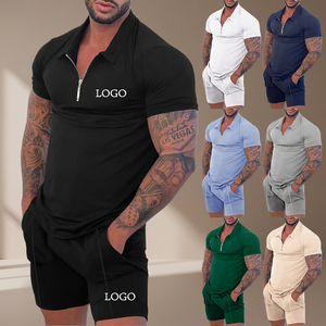 Men's Knitted Polo <b>Shirt</b> & Shorts Set Solid Color Zipper Casual <b>Summer</b> Wear Breathable Cotton Spandex 2-Piece Outfit - Product Image 3