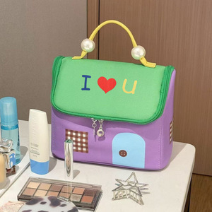 Cute Dopamine Mini Makeup Bag Large Capacity Waterproof Portable Storage For Women With Soft Handle And Splicing Design - Product Image 1