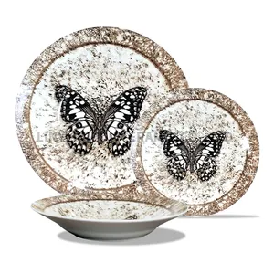 Set makan malam porselen kupu-kupu coklat harga murah 18 buah untuk grosir bantalan cetakan gaya hewan keramik piring sup untuk rumah