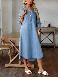 Vestido Camisero Largo Elegante de Mezclilla Estilo Vintage Casual para Mujer con Abertura y Botonadura Simple para Primavera Talla XL Moda de Dama al por Mayor - Product Image 5