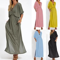 Robe longue décontractée pour femme, col en V, manches chauve-souris, cordon de serrage à la taille, poches, fente latérale, style plage, OEM ODM