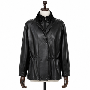<span class=keywords><strong>Abrigo</strong></span> de piel de cordero encerada ligera Obsidian Black para mujer, estilo trench medio, con doble cuello, cintura fruncida, cremallera, cortavientos, teñido liso, para invierno, casual - Product Image 1