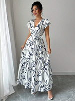 Vestido Largo Sexy con Estampado y Volantes, Cuello en V, Ajustado, Nueva Colección Primavera-Verano, Gran Venta