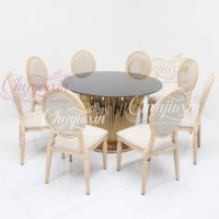 Tables et chaises de banquet de mariage en verre rond en acier inoxydable doré de luxe en gros de Chine pour événements festifs