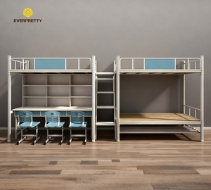 Lit superposé triple moderne en acier blanc avec tiroir, table et échelle pour dortoir, école, chambre à coucher, appartement - Product Image 3