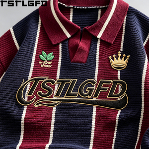 Pull Polo Rayé OEM/ODM Lourd Brodé Style Universitaire Vintage Tricoté Streetwear Vente en Gros - Product Image 6