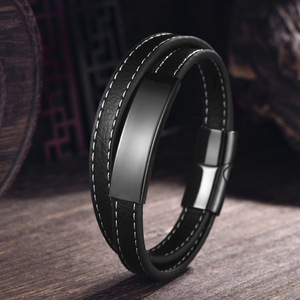 <span class=keywords><strong>Pulsera</strong></span> de cuero trenzado para hombre, <span class=keywords><strong>pulsera</strong></span> de moda con barra de Metal de acero inoxidable, estilo Vintage, regalo - Product Image 5