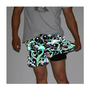 Double layers weaving summer night jogging riding biking men's high reflective rainbow fifth cargo shorts with spandex lining