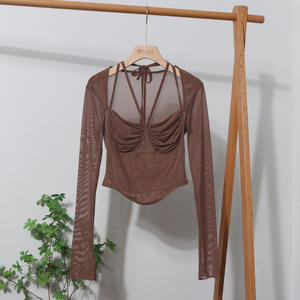 POLO in maglia tinta unita da <span class=keywords><strong>donna</strong></span> a manica lunga <span class=keywords><strong>marrone</strong></span> Cardigan stampa ombelico t-shirt per camicetta da <span class=keywords><strong>donna</strong></span> - Product Image 5