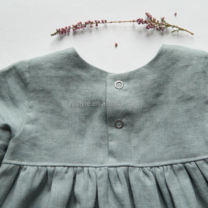 Vestido de Bautizo para Bebé Niña, Color Gris Sólido, Lino, Mangas Largas, Volantes, Cuello Redondo, Lino Prelavado, Silueta de Sirena, Otoño - Product Image 4