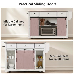 K&K 58 Inch Farmhouse Kitchen Island With <b>Sliding</b> <b>Barn</b> <b>Door</b> Metal Grid Side <b>Door</b> Rolling On Wheels - Product Image 5