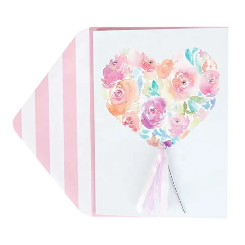 Best Seller Romantic Flower Heart Love Cards with Gems, Glitter Handmade Custom Design Greeting Cards
