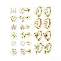 10 Pasang Anting Tusuk Mutiara Bunga Warna Emas Stainless Steel Set Anting Huggie Ear Cuff Hoop Perhiasan Fashion Wanita Hadiah