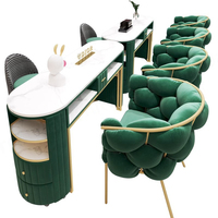 Table de manucure double moderne pour salon de manucure avec dessus en marbre blanc Collecteur de poussière Chaise en velours vert émeraude pour atelier