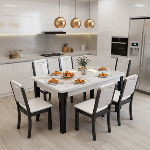 Gesinterter Stein Marmor-Effekt Esszimmer-Set 6-Sitzer Rechteckig 6 Stühle Massivholzbeine Wohnmöbel Hotel Essgruppe - Product Image 2