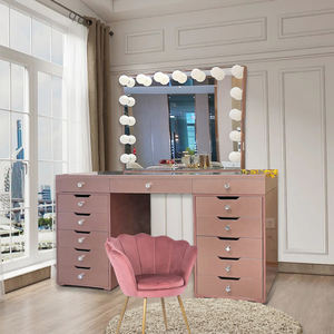 Salon de beauté pour mariage, commode à maquillage en <span class=keywords><strong>bois</strong></span> rose avec ampoule, miroir de courtoisie transparent, nombreux rangements pour table de maquillage - Product Image 3