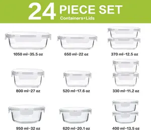 12 Set wadah penyimpanan makanan kaca dengan tutup wadah persiapan makanan bebas BPA & anti bocor 12 tutup & 12 wadah