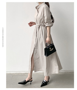 Abito chemisier lungo da donna con collo alto e cintura, maniche lunghe, gonna a trapezio, tasche, casual ed elegante per primavera autunno e uso quotidiano - Product Image 5